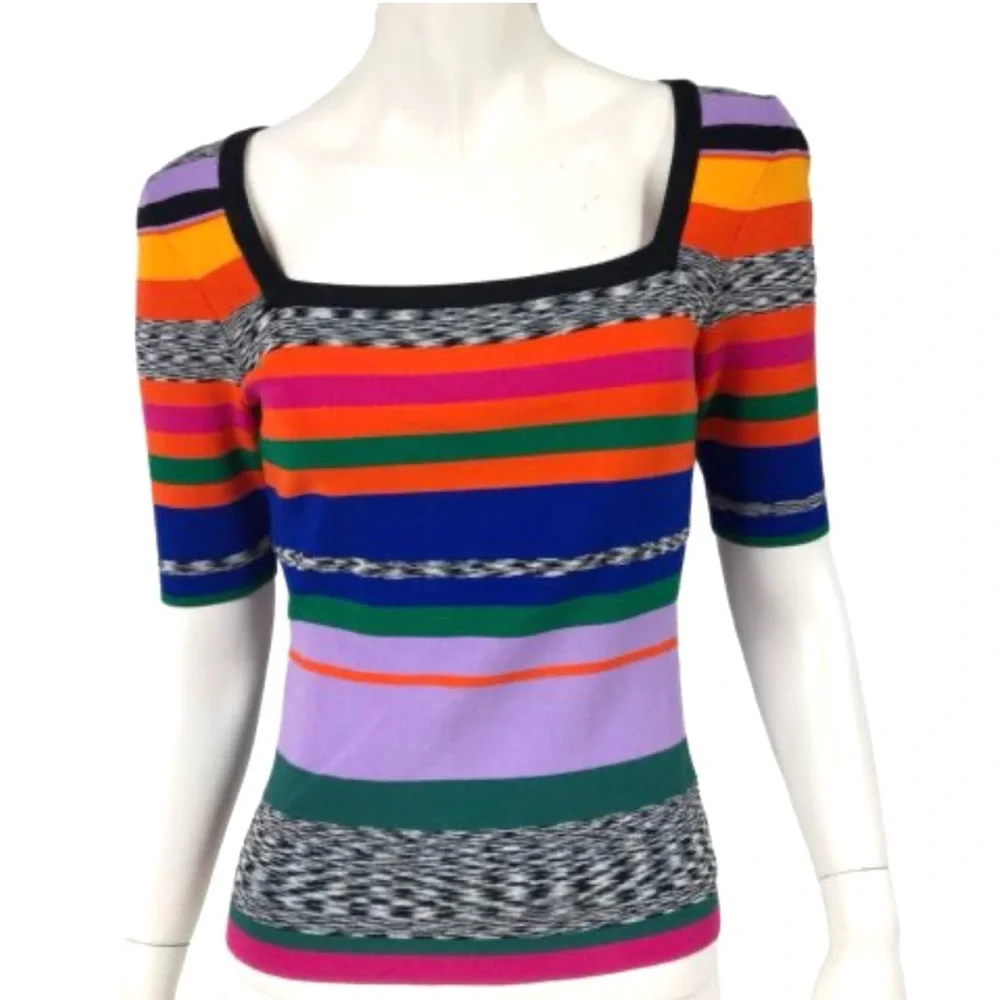 MILLY Rainbow Stripe Square Neck Knit Top ASO Ali Fisher Preppy Academia Sporty - Picture 14 of 17